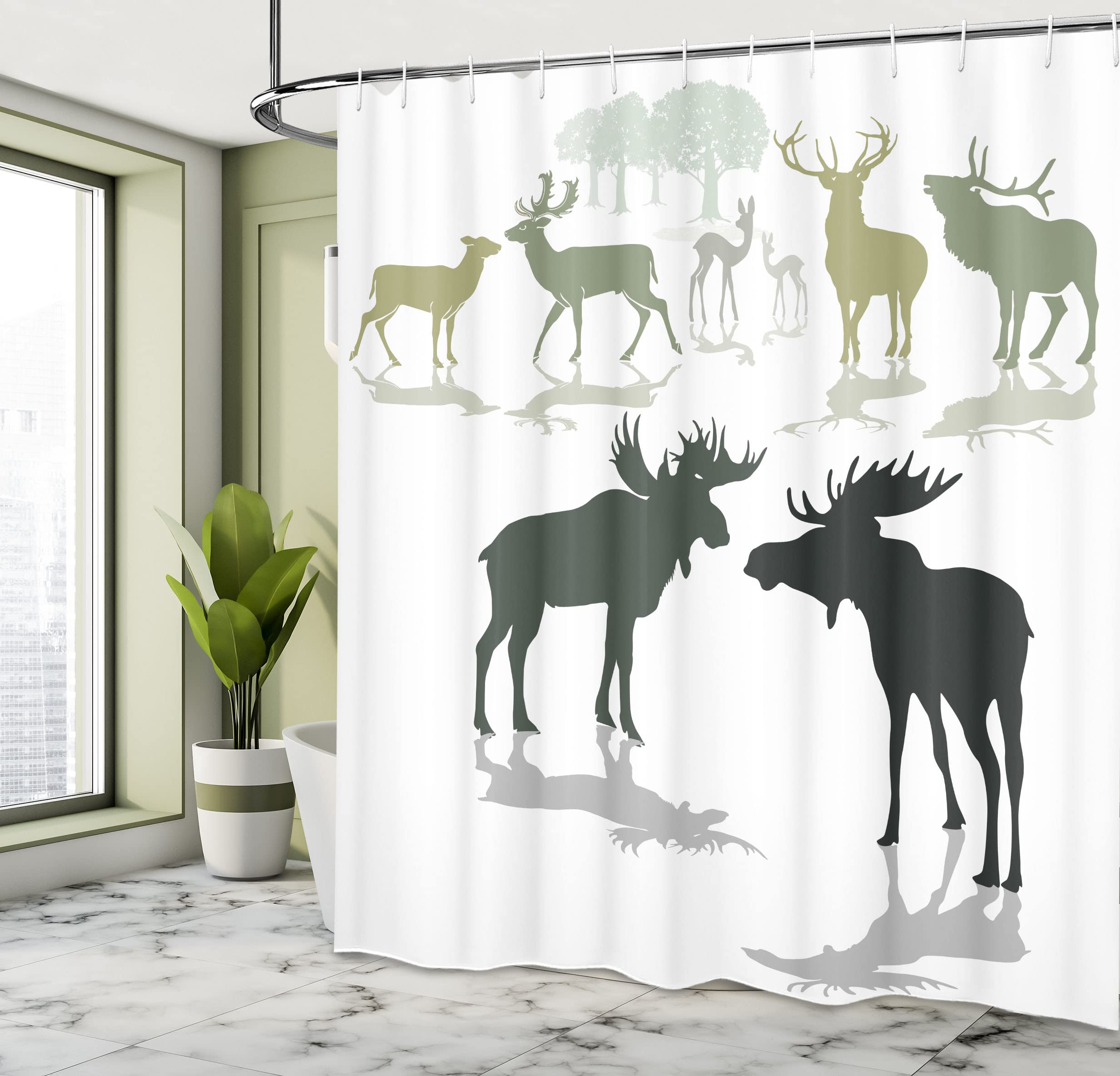 Ambesonne Antlers Shower Curtain, Elk Deer And Fawn Silhouette Forest At The Background World Natural Habitat Theme, Cloth Fabri
